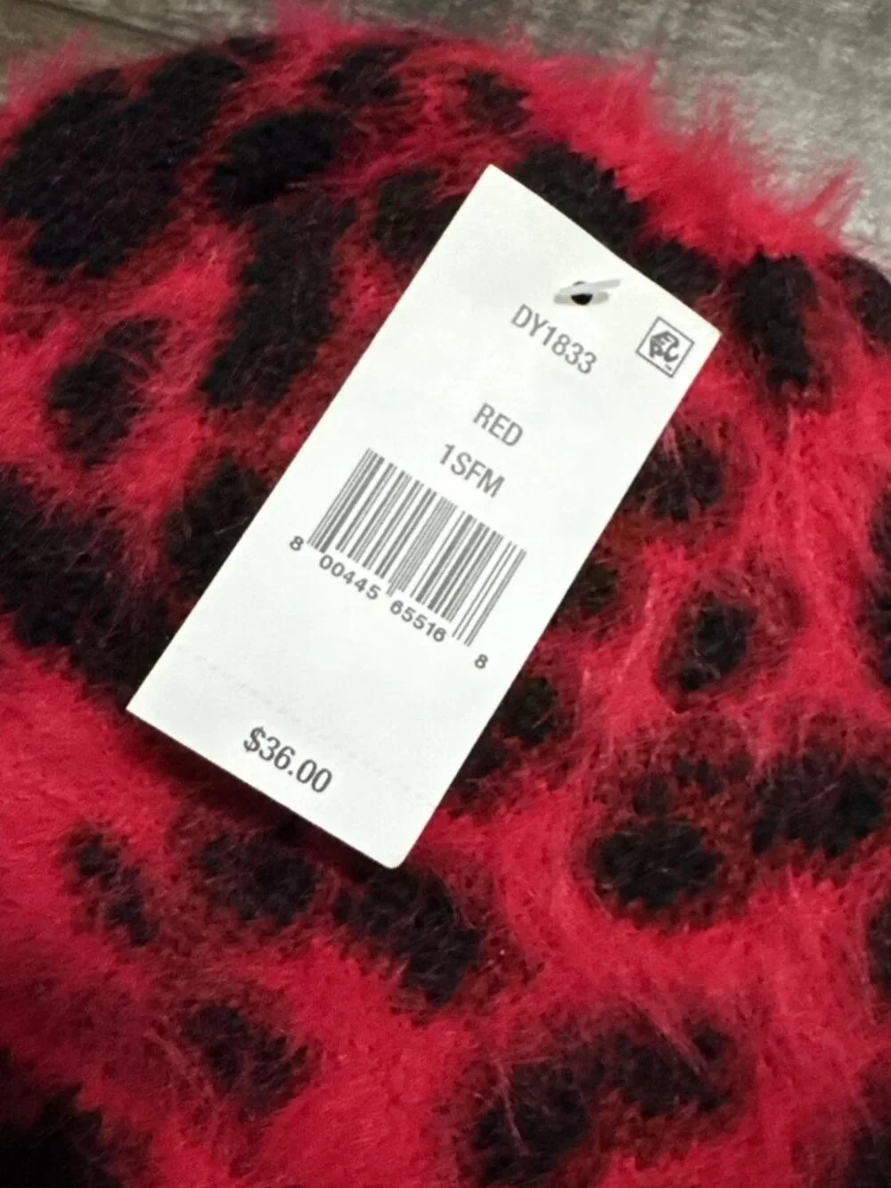 NWT DKNY Fuzzy Leopard Animal Print Beanie Red/Black MSRP $36